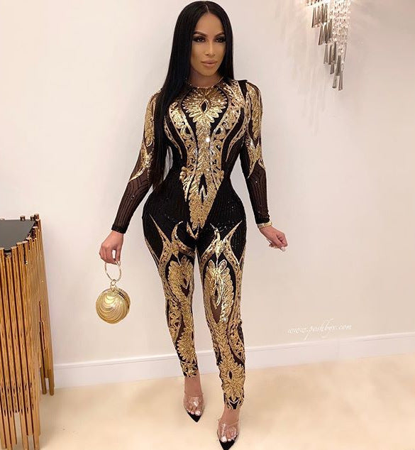 Sequin Long Sleeve Sheer Jumpsuit for Women