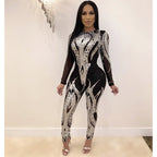Sequin Long Sleeve Sheer Jumpsuit for Women