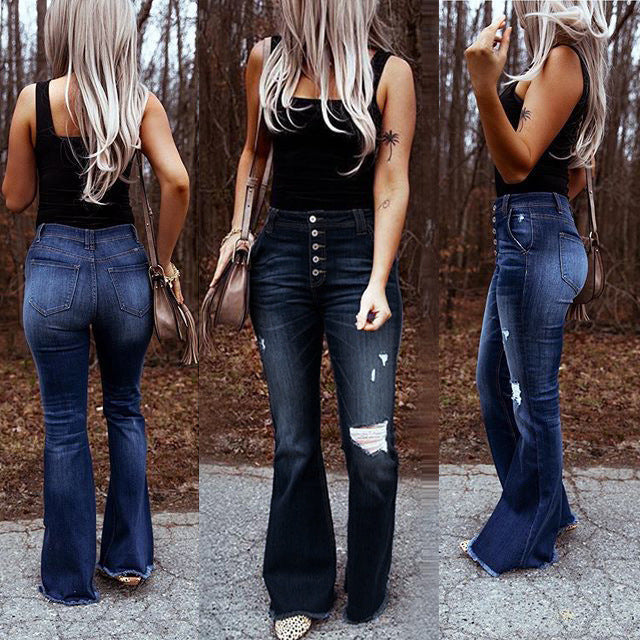 High-Waisted Ripped Stretch Flare Jeans