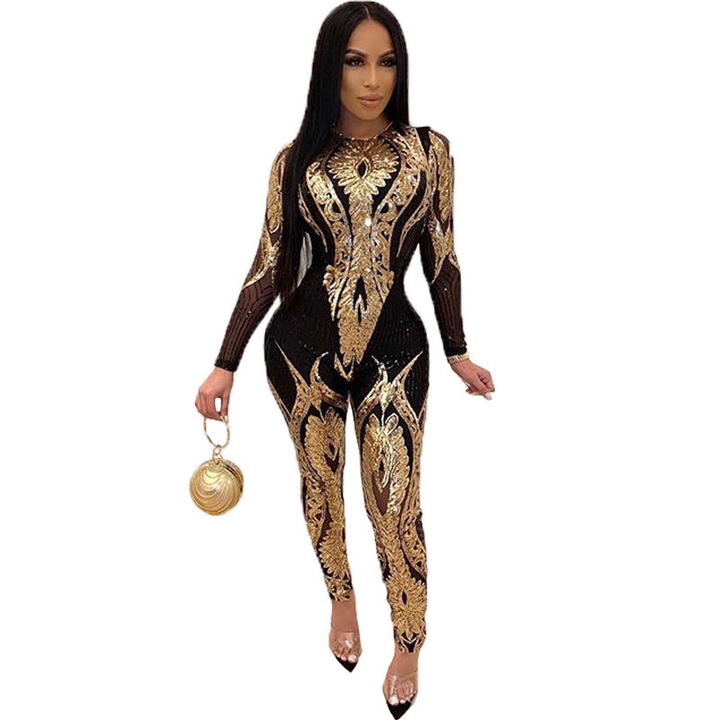 Sequin Long Sleeve Sheer Jumpsuit for Women