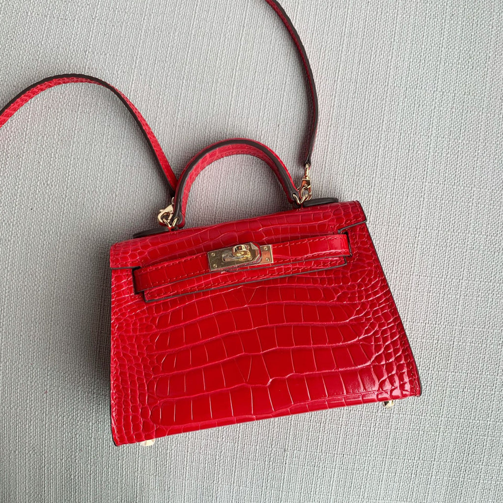 Genuine Leather Crossbody Bag with Crocodile Pattern