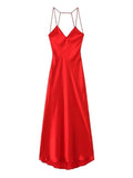 Women's Elegant Red Satin Backless Crossover Dress