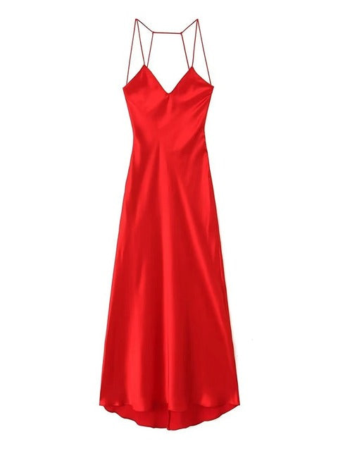 Women's Elegant Red Satin Backless Crossover Dress