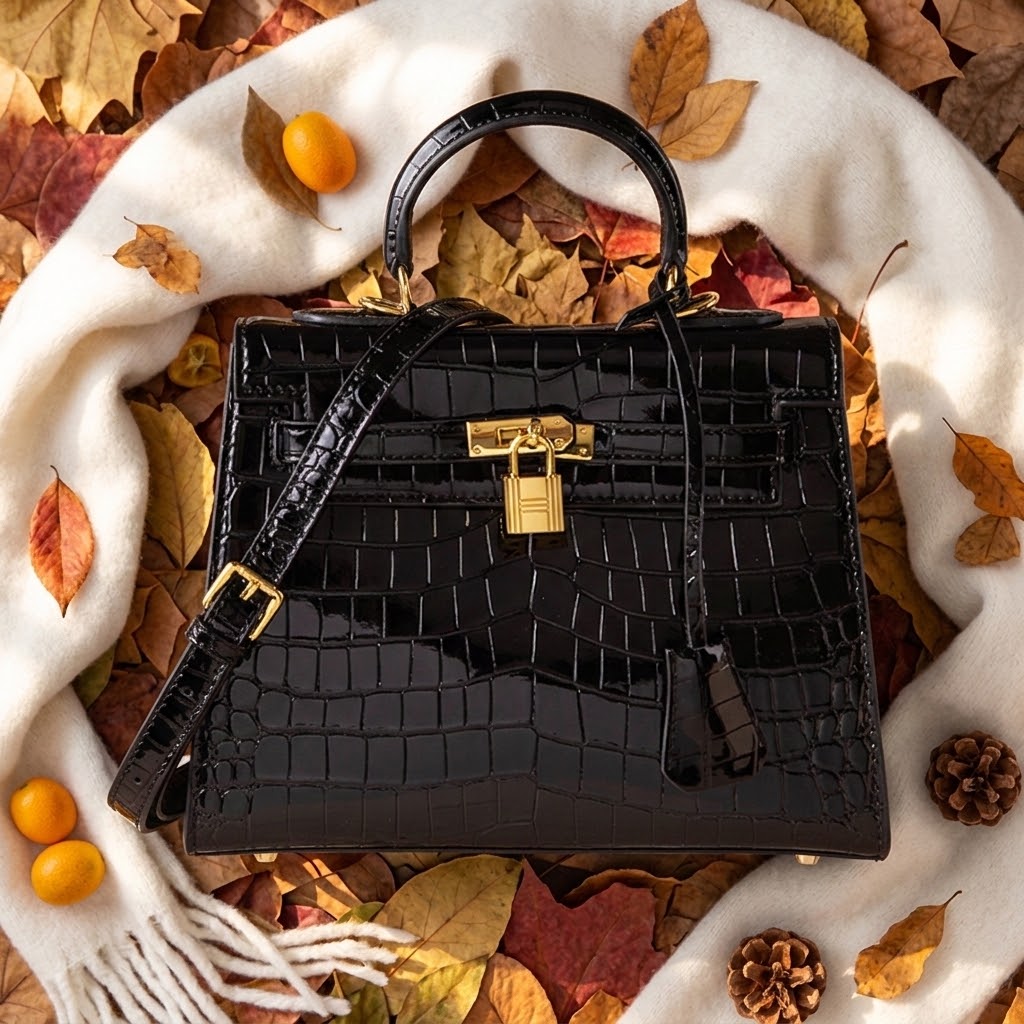 Genuine Leather Crossbody Bag with Crocodile Pattern