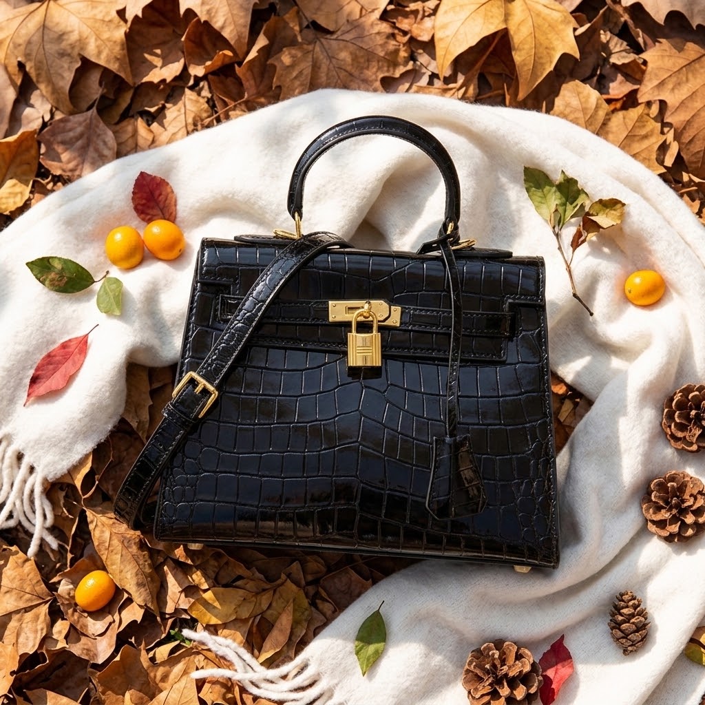 Genuine Leather Crossbody Bag with Crocodile Pattern