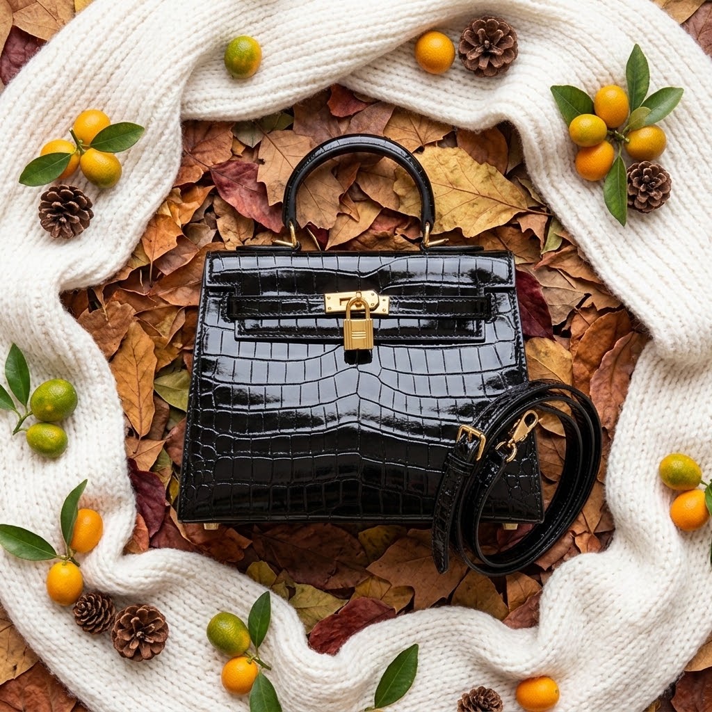 Genuine Leather Crossbody Bag with Crocodile Pattern