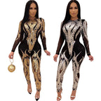 Sequin Long Sleeve Sheer Jumpsuit for Women