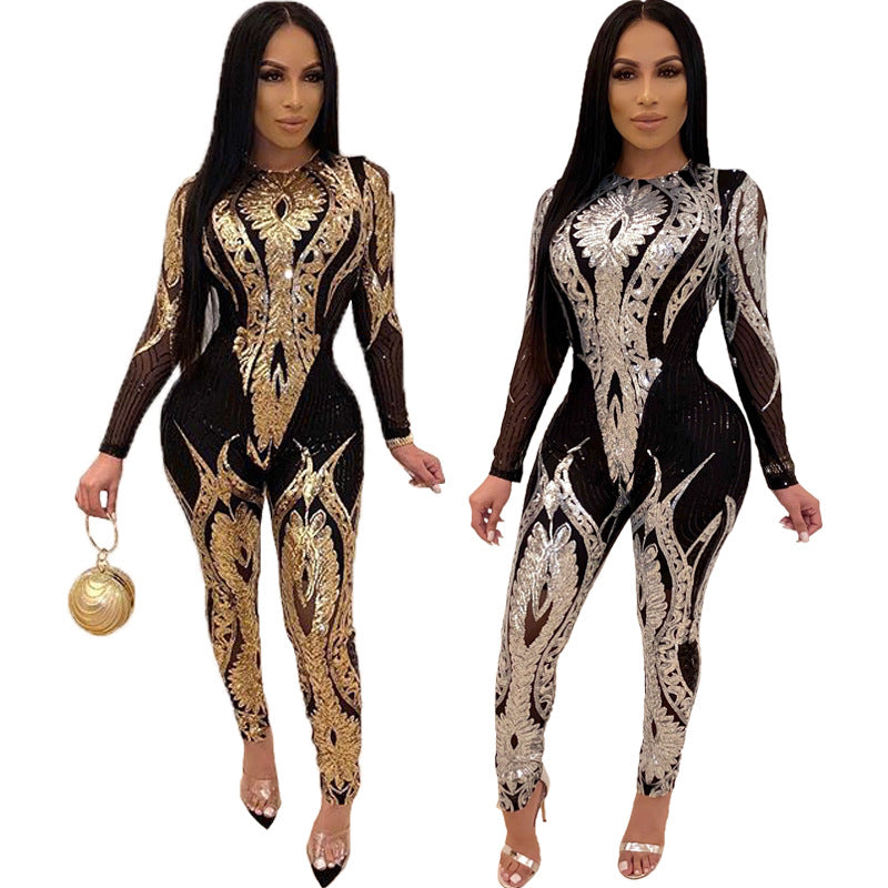 Sequin Long Sleeve Sheer Jumpsuit for Women