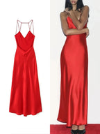 Women's Elegant Red Satin Backless Crossover Dress