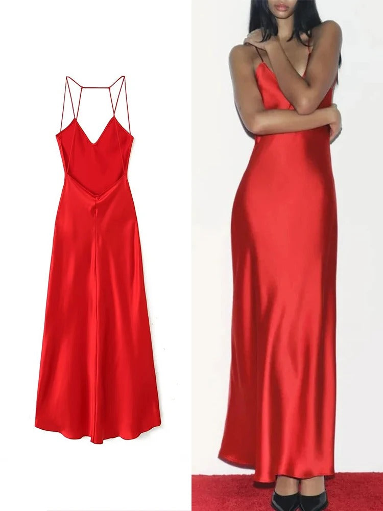 Women's Elegant Red Satin Backless Crossover Dress