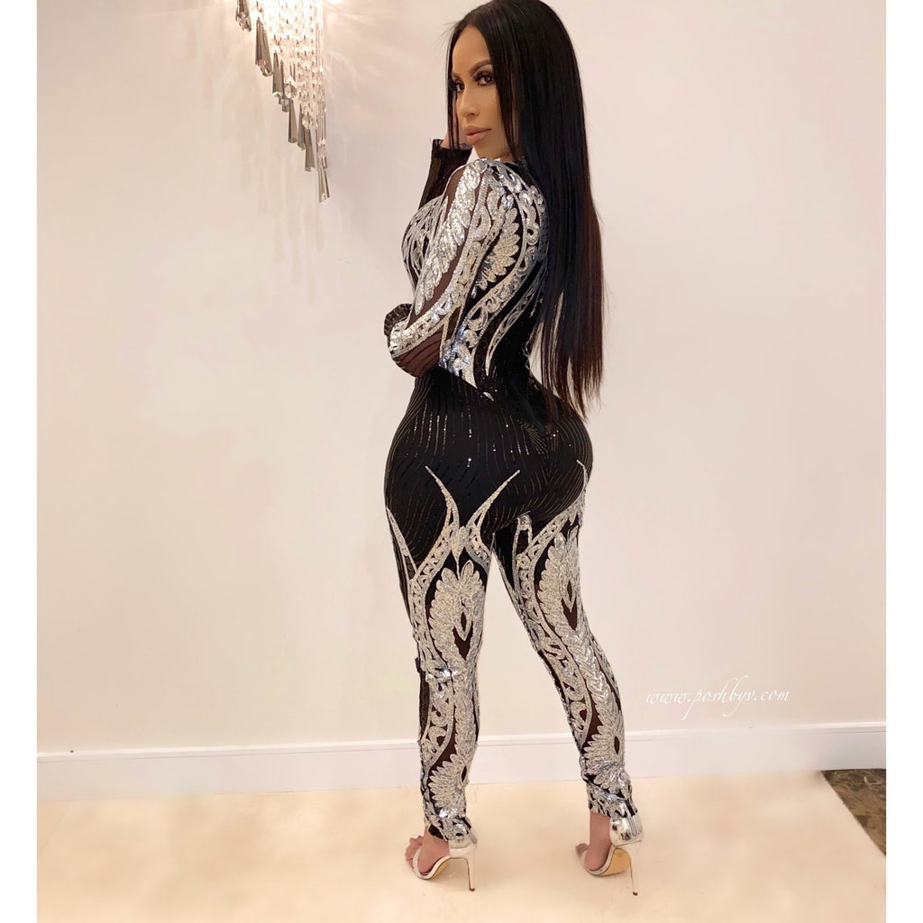 Sequin Long Sleeve Sheer Jumpsuit for Women