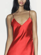 Women's Elegant Red Satin Backless Crossover Dress