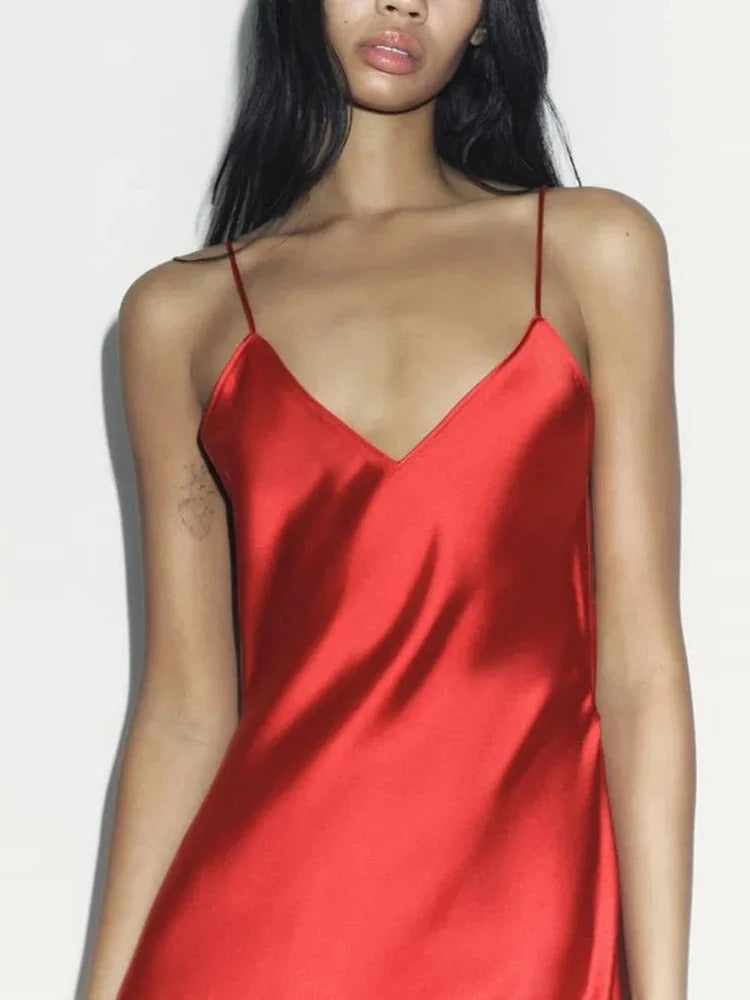 Women's Elegant Red Satin Backless Crossover Dress