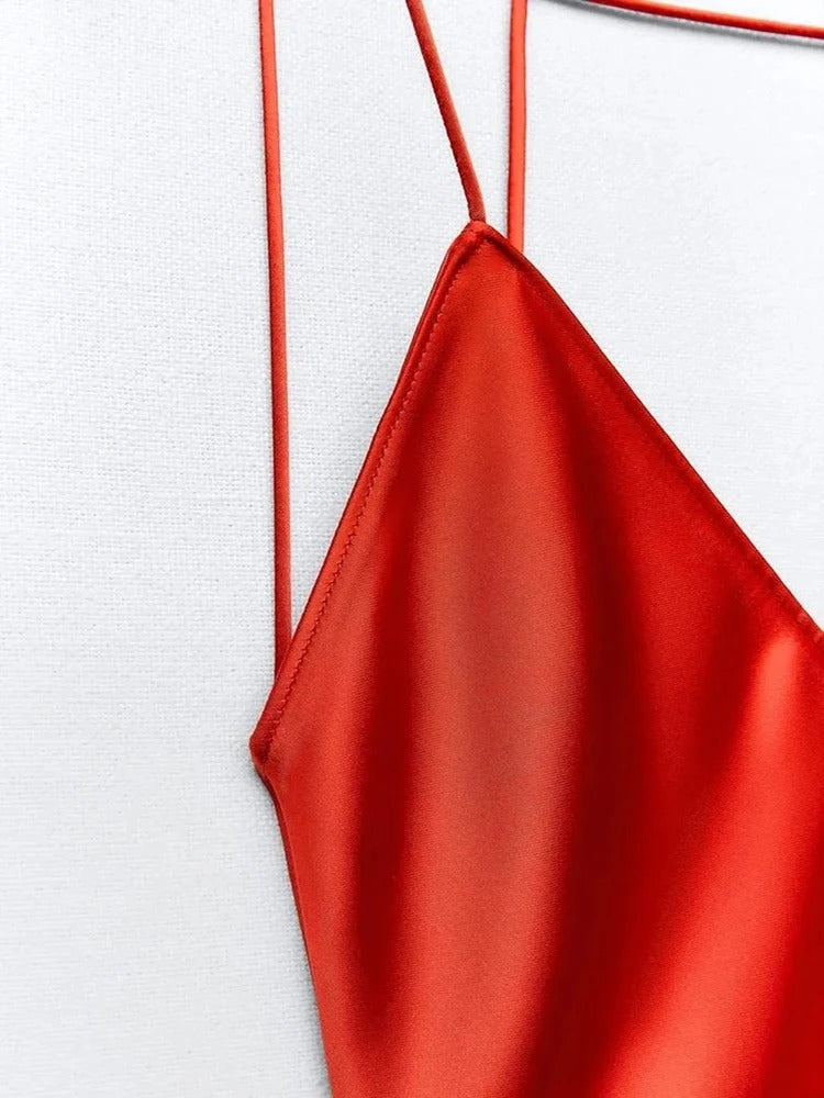 Women's Elegant Red Satin Backless Crossover Dress