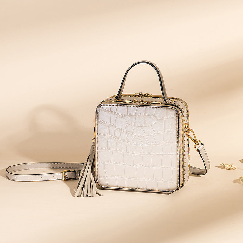 Genuine Leather Women's Crossbody Bag with Tassels