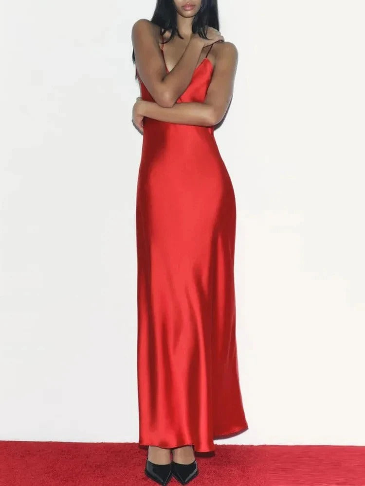 Women's Elegant Red Satin Backless Crossover Dress
